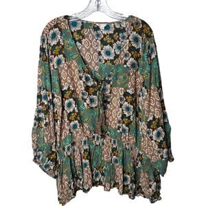 Cato Boho Floral Peasant Top Plus Size 26/28W Green Multicolor Tunic Blouse